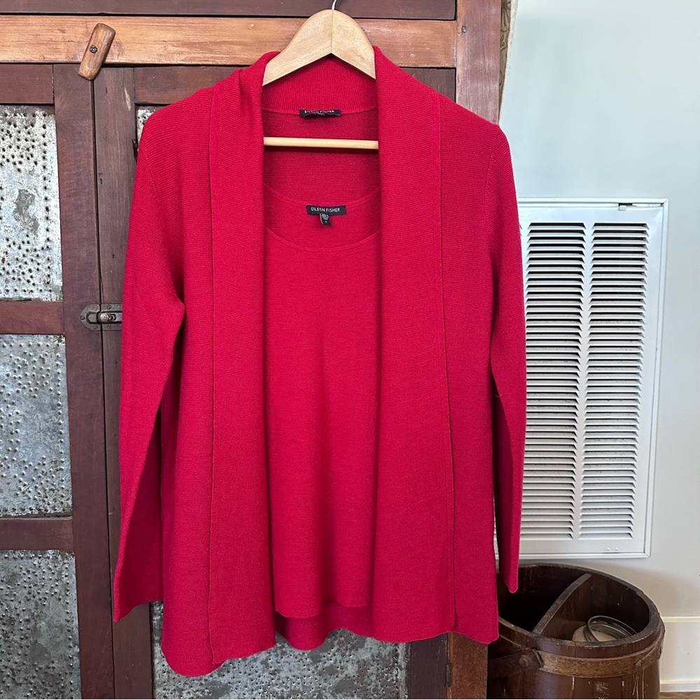 Eileen Fisher Women’s Small 100% Wool Red Camisole and Open Cardigan Set
